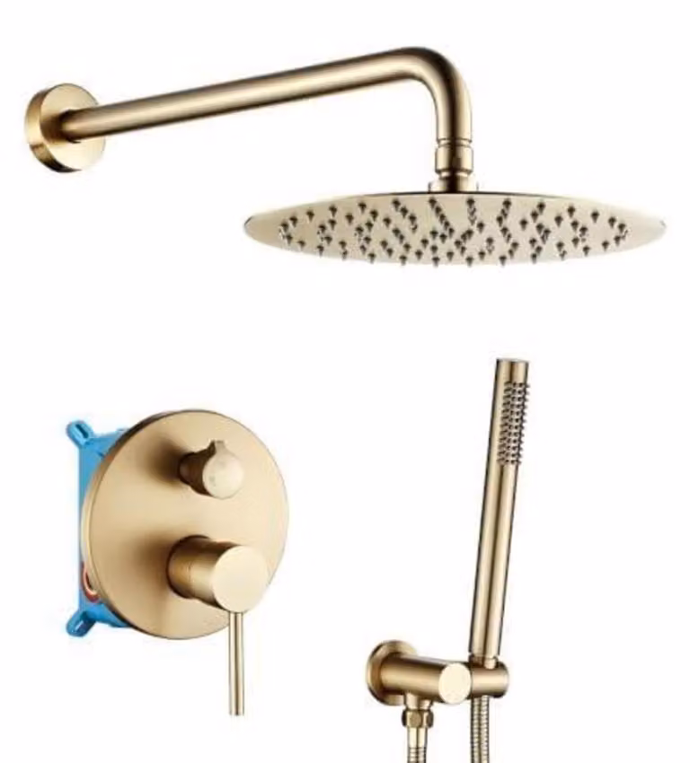 Set completo per rubinetto doccia da incasso, finitura oro, 25 cm, con soffione a pioggia e miscelatore monocomando