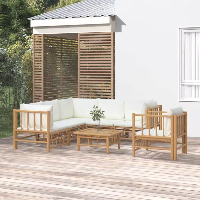 Set Salotto da Giardino vidaXL in Bambu 7 Pezzi con Cuscini Bianco Beige e Marrone