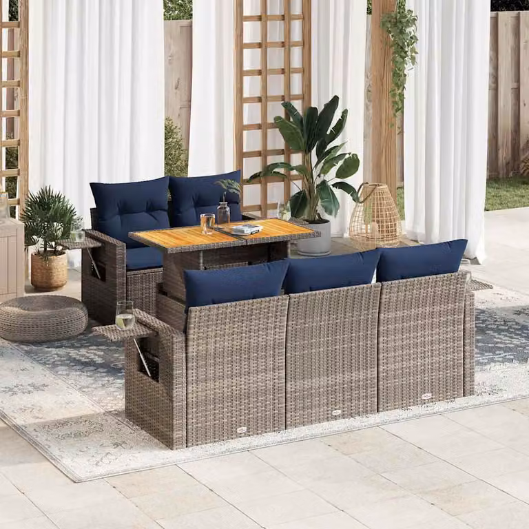 Set Divano da Giardino a L vidaXL da 6 pezzi con Cuscini Blu e Grigio in Polyrattan e Legno di Acacia