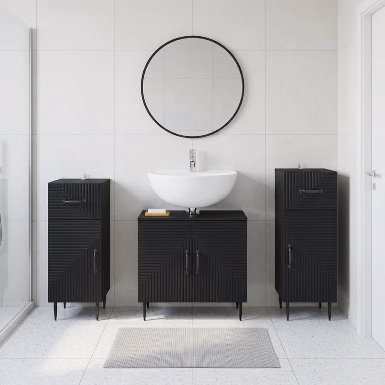 Set di mobili da bagno vidaXL HAARLEM in 3 pezzi nero opaco con mobile lavabo e armadietti laterali