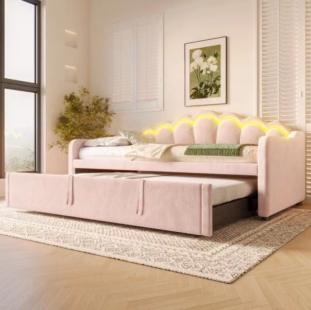 Divano letto estraibile in velluto rosa 90x200 cm; con striscia LED multicolore