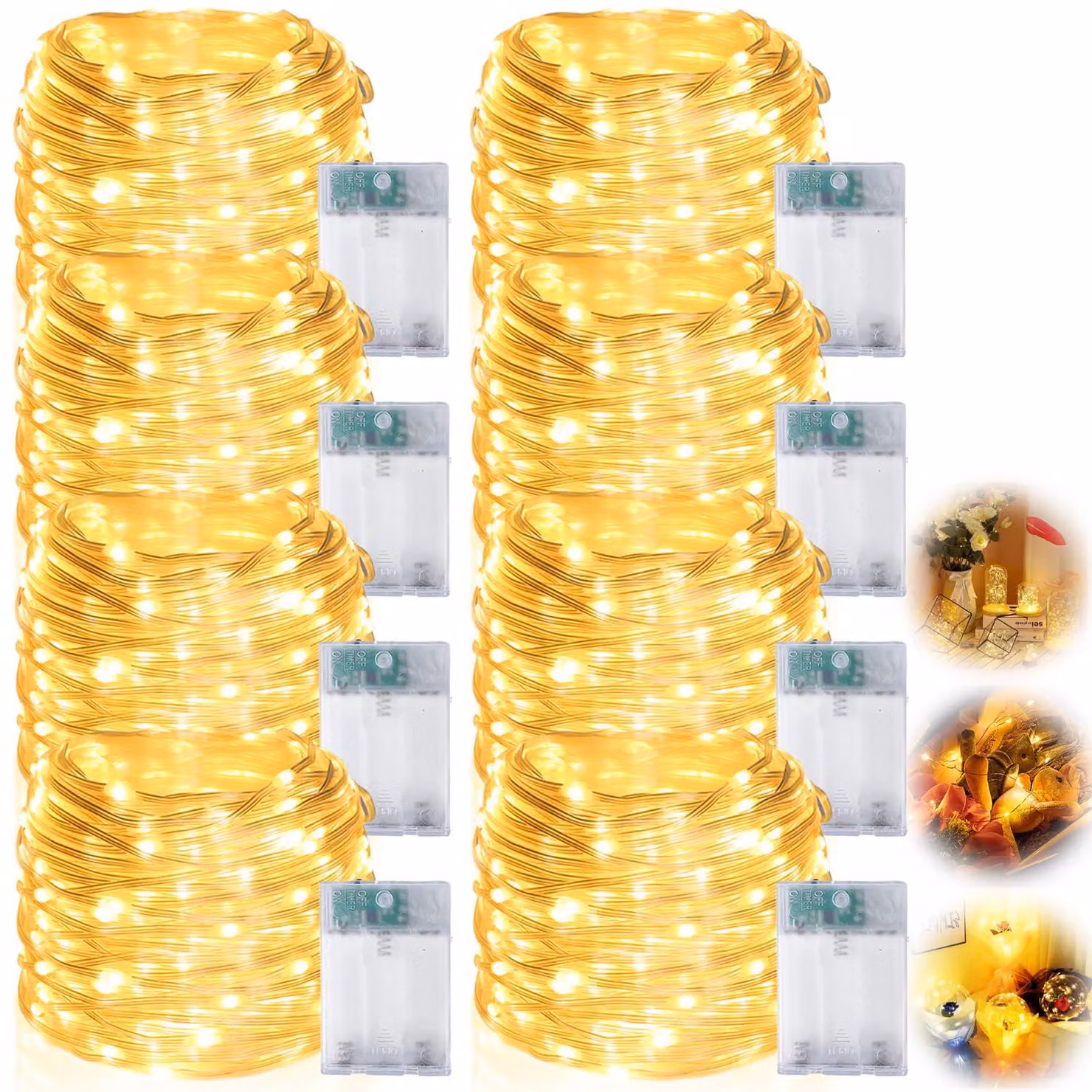 Catena luminosa a LED, set da 8, lunghezza 5 metri, 50 LED, luce bianco caldo, filo di rame