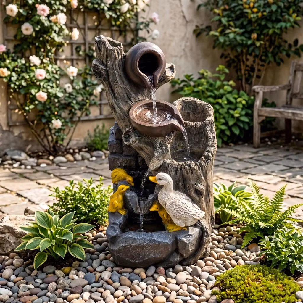 Fontana da giardino a cascata DESIGN IN in fibra di vetro con illuminazione LED e pompa, effetto pietra e legno con decorazione anatre, colore grigio, L: 57 cm, P: 30 cm, H: 27 cm – 2