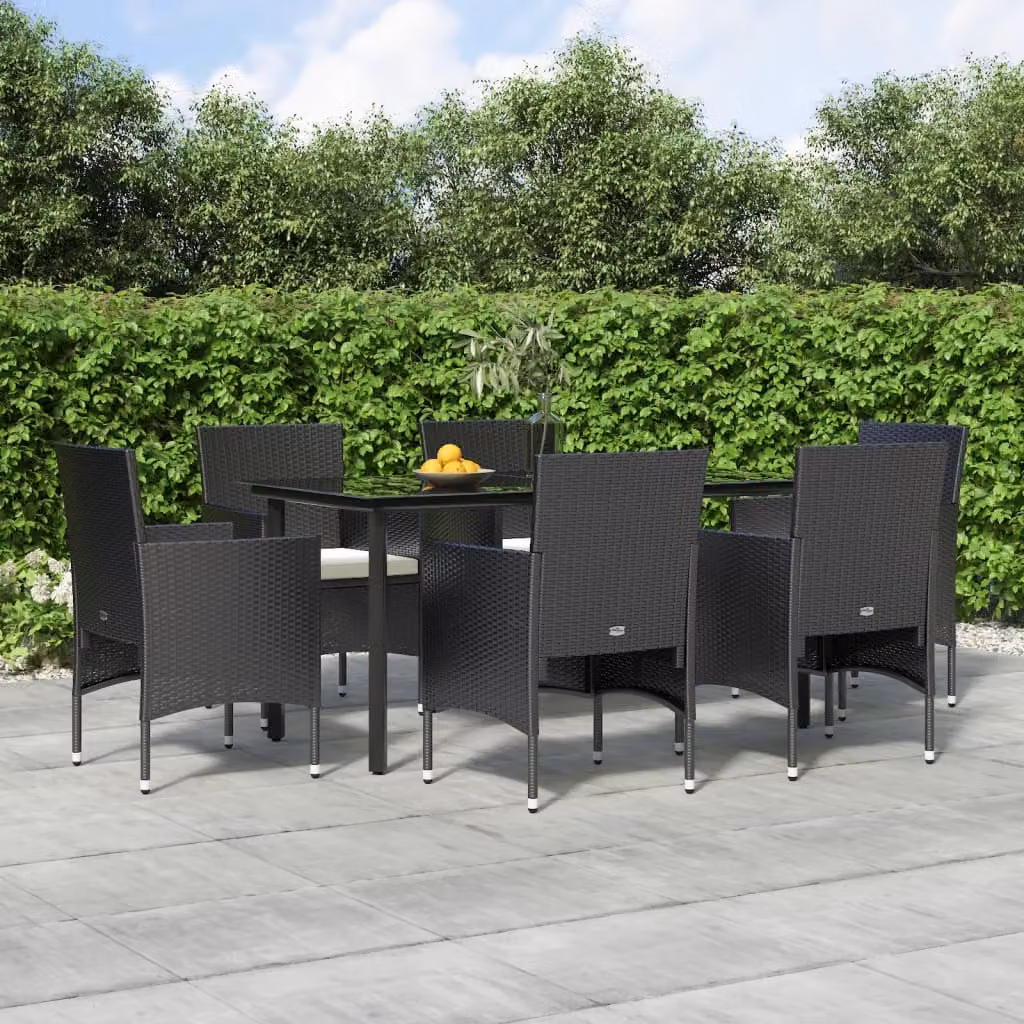 Set da pranzo da giardino vidaXL in polyrattan nero con cuscini e tavolo in vetro, 7 pezzi