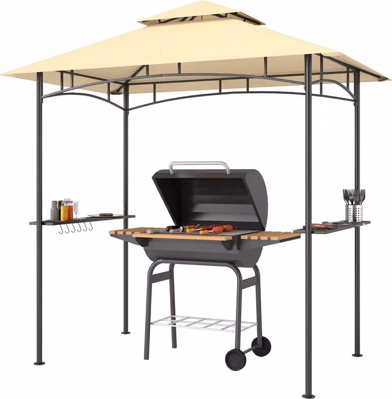 Gazebo per barbecue con LED 240 x 150 x 258 cm padiglione da giardino ignifugo idrorepellente con tetto a doppio strato, ripiani laterali, gazebo con protezione UV, padiglione per barbecue per feste BBQ beige