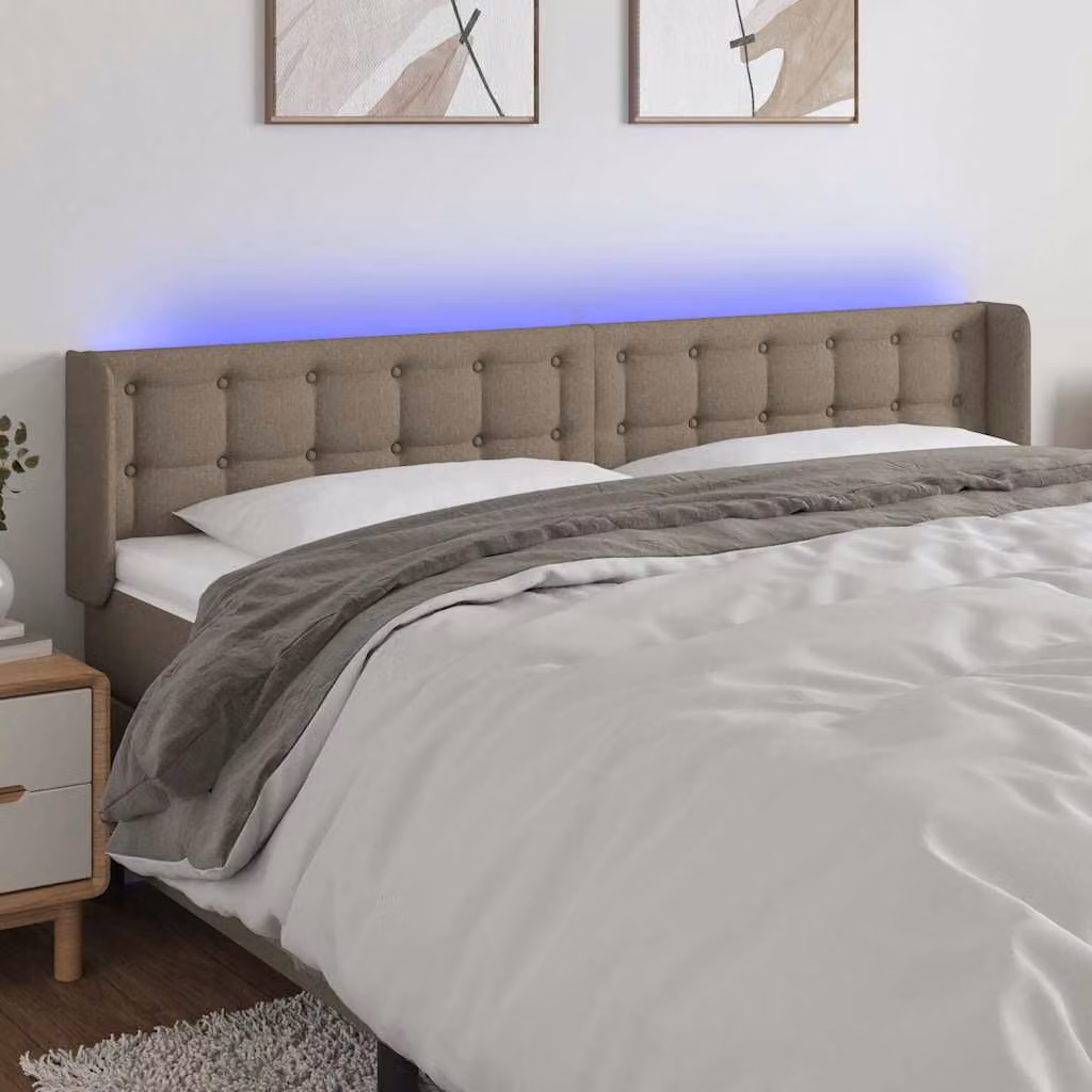 Testiera per letto vidaXL con illuminazione LED e porta di ricarica USB in tessuto tortora, L: 183 cm, P: 16 cm, H: 78-88 cm