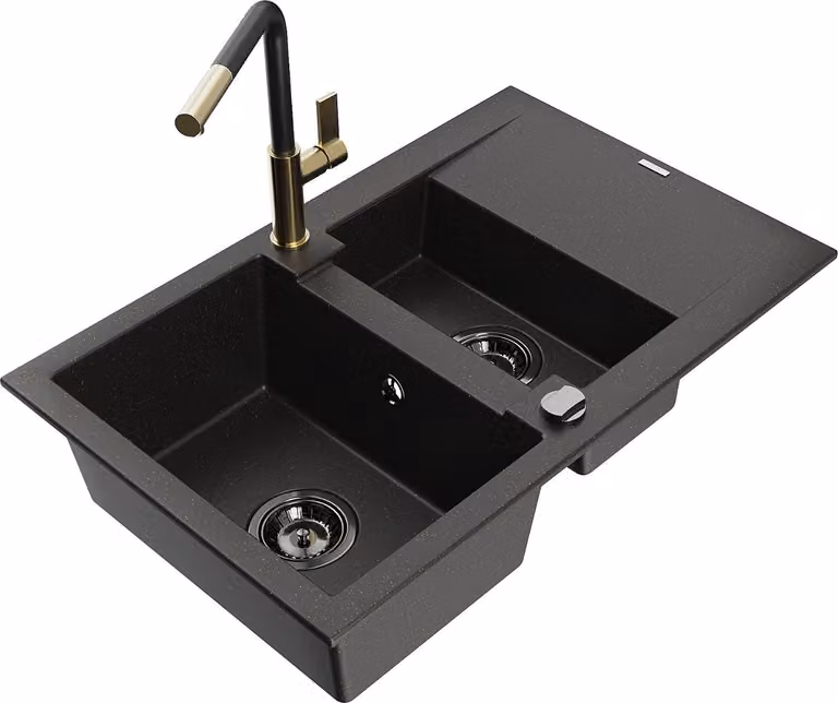 Mexen Gaspar lavello in granito 1,5 vasche con scolapiatti e rubinetto da cucina Flora, nero/oro - 6507-75-670401-57-B