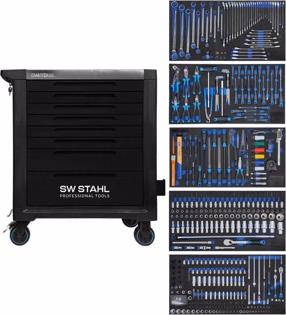 SW-Stahl Z3201, carrello da officina professionale TT802, colore nero. 8 cassetti, di cui 5 pre-assemblati. 434 pezzi. Carrello da officina con utensili inclusi. Sistema Twin-Lock. Kit carrello da officina, completamente accessoriato