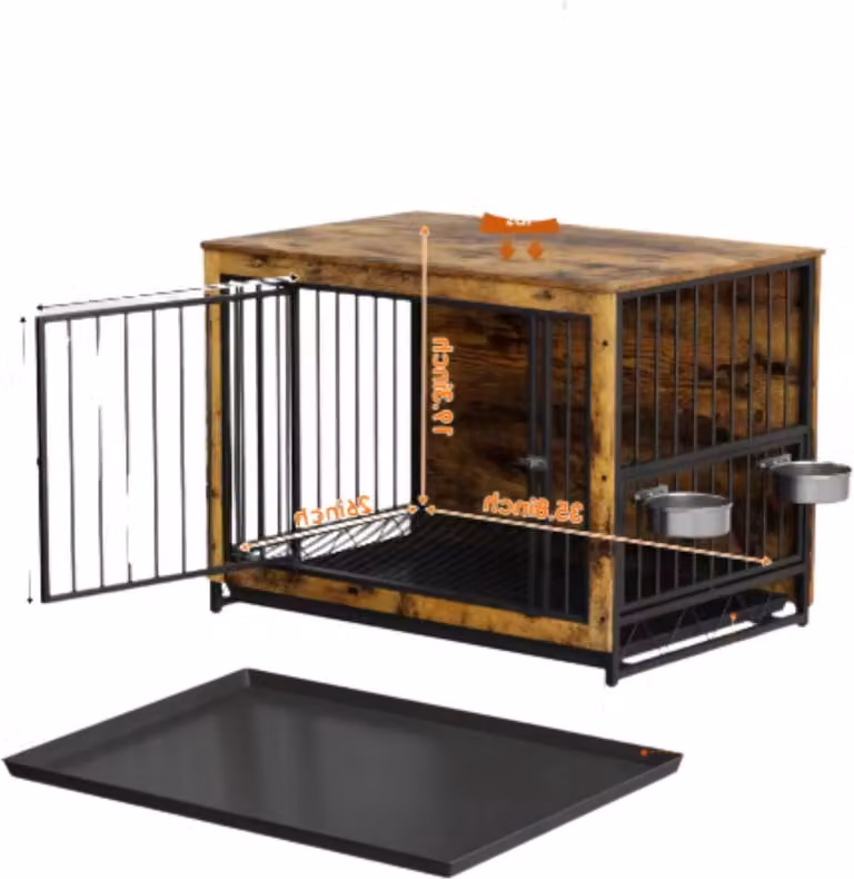 Panca in legno per cani - Cuccia per cani - Tavolino per gabbia per cani con vassoio e ciotole per il cibo rimovibili - Cuccia a due ante per cani di taglia media - 100 × 68 × 64cm - Marrone