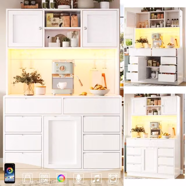 Armadio alto moderno bianco 120x40x183,5 cm con 8 cassetti, illuminazione LED smart, chiusura magnetica e ripiani regolabili