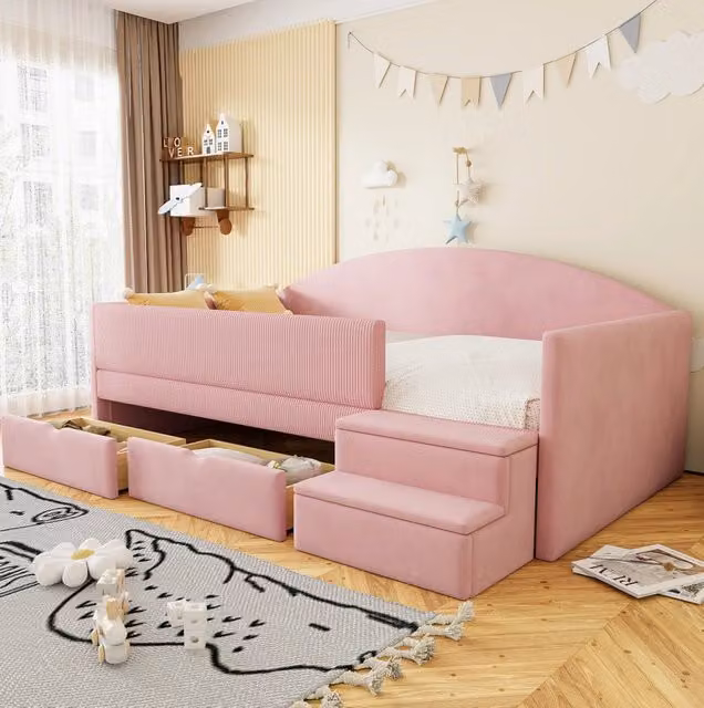 Letto imbottito ULEVR 90x190 cm rosa con 2 cassetti, sponde imbottite e scalini antiscivolo