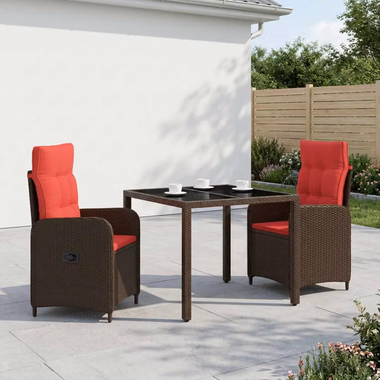 Set da pranzo per esterni vidaXL in polyrattan marrone con tavolo in vetro e 2 sedie moderne
