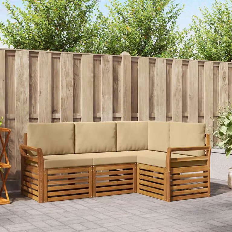 Set di divani da esterno a L vidaXL in legno di acacia con cuscini, Beige e Marrone