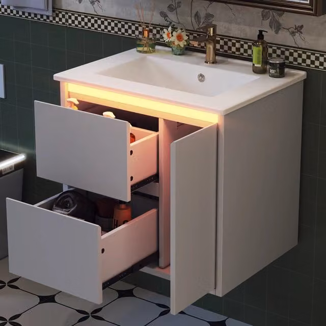 Mobile bagno sospeso REDOM in MDF bianco lucido con illuminazione LED integrata e ceramica L: 61 cm, P: 46,5 cm, H: 57 cm
