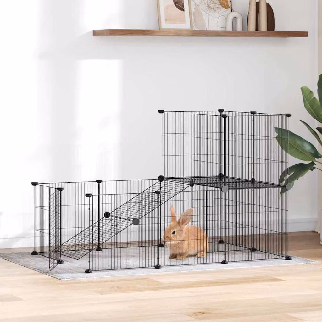 Gabbia per animali vidaXL in acciaio con 20 pannelli e porta, colore nero, L 105 x P 70 x H 70 cm