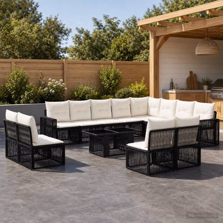 Set Divano da Giardino vidaXL 13 pz a Forma a L con Tavolino, Colore Nero e Bianco Crema, Struttura in Metallo e Polyrattan con Cuscini Inclusi