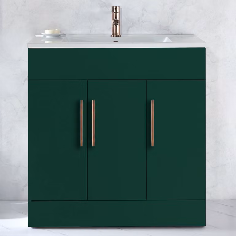 Mobile Bagno a Terra Verde Scuro da 810mm con Lavabo e Maniglie con Barra a T in Bronzo Spazzolato - Cluo