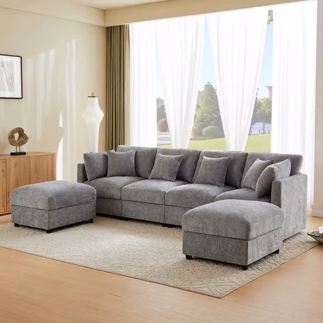 Divano modulare 284x156.5x86 cm con braccioli regolabili in ciniglia grigio