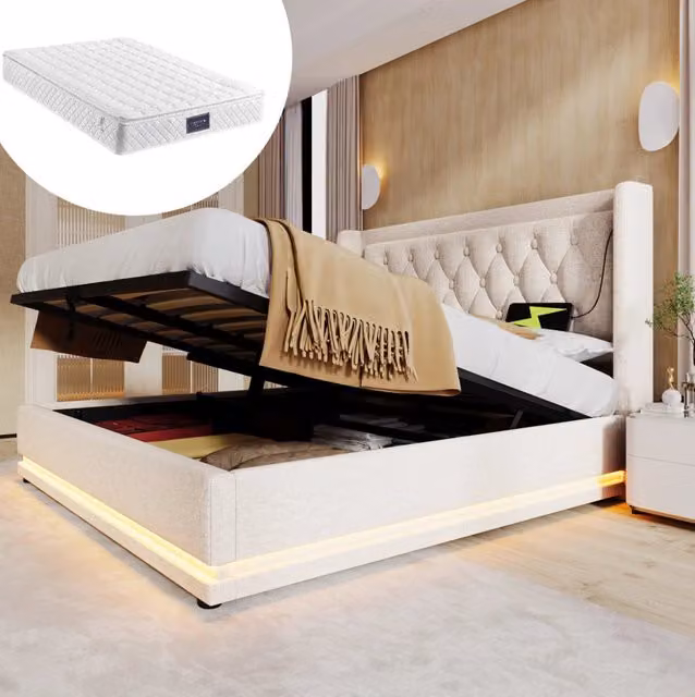 Letto matrimoniale 140x200 cm beige in cotone, contenitore idraulico, LED, USB, con materasso
