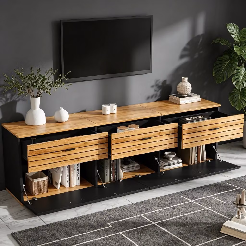 Mobile TV WISHDOR moderno con 3 cassetti soft-close e 2 ante a ribalta, motivo ondulato a righe, colore beige e nero, L: 168 cm, P: 40,8 cm, H: 59 cm – 2