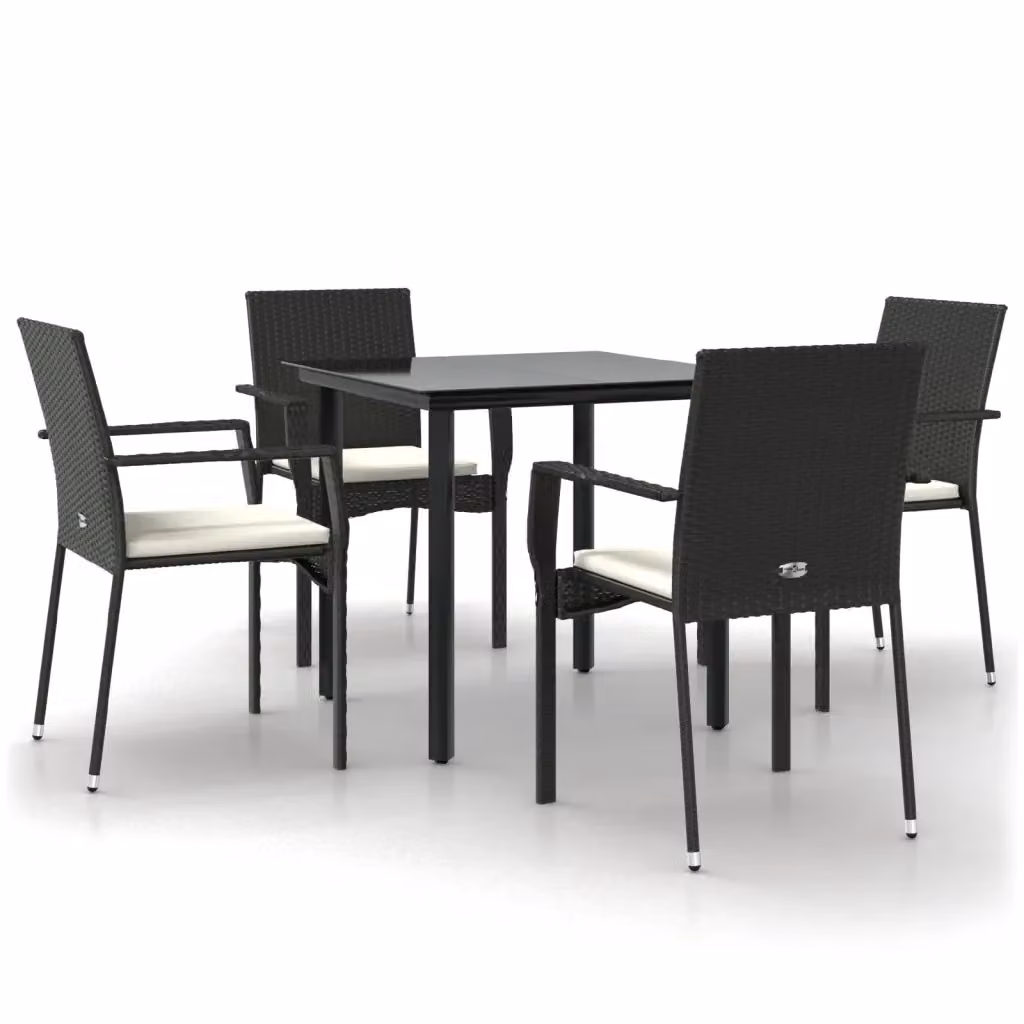 Set da Pranzo da Giardino Moderno vidaXL in Polyrattan Nero con Cuscini e Tavolo in Vetro, 5 Pezzi – 2