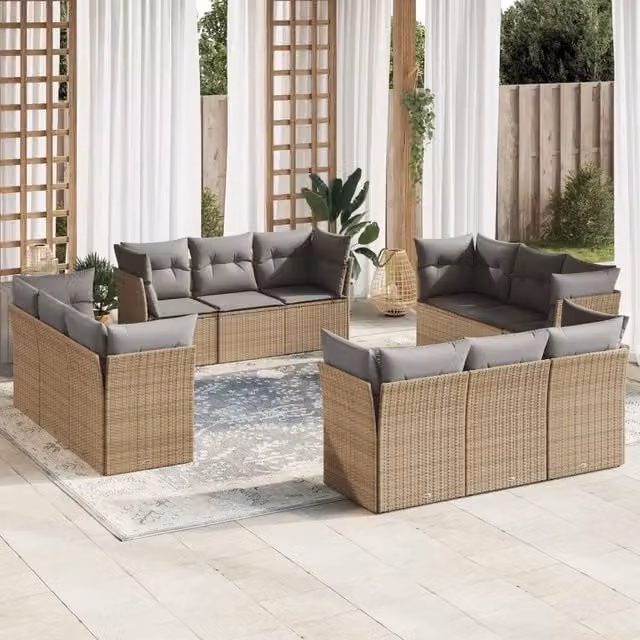 Set di divani da giardino VIDAXL a forma di U in polyrattan con cuscini beige, 12 posti – 1