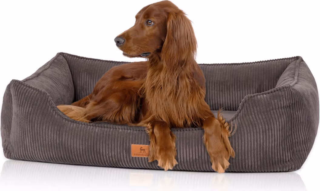 Cuccia ortopedica Knuffelwuff in velluto a coste con carattere Nunavut intrecciato a mano M-L 85 x 63 cm marrone-grigio