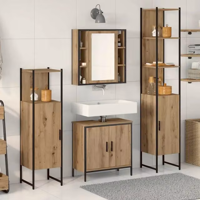 Set di mobili da bagno moderno vidaXL in legno marrone e nero composto da armadietto con specchio, mobile lavabo, colonna alta e mobile laterale