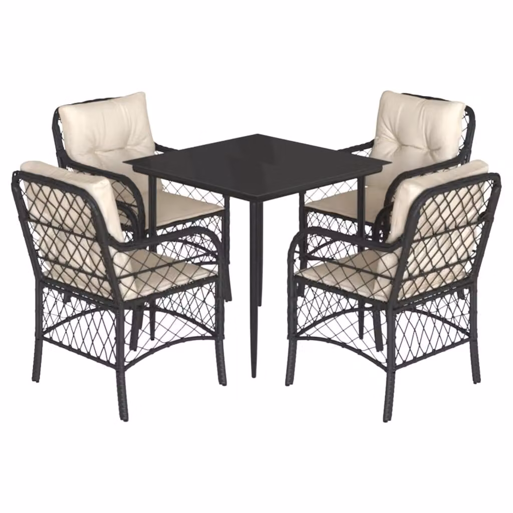 Set da Pranzo da Giardino 5 pz Nero con Cuscini in Polyrattan