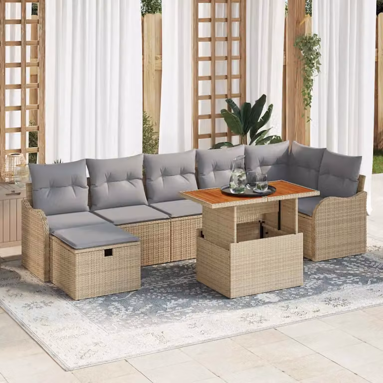 Set Divano da Giardino vidaXL 8 pz Beige con Poltrona, Tavolino e Ottoman in Polyrattan e Metallo