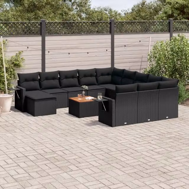 Set di Divani da Giardino vidaXL in Polyrattan Nero con Cuscini e Tavolino da Esterno