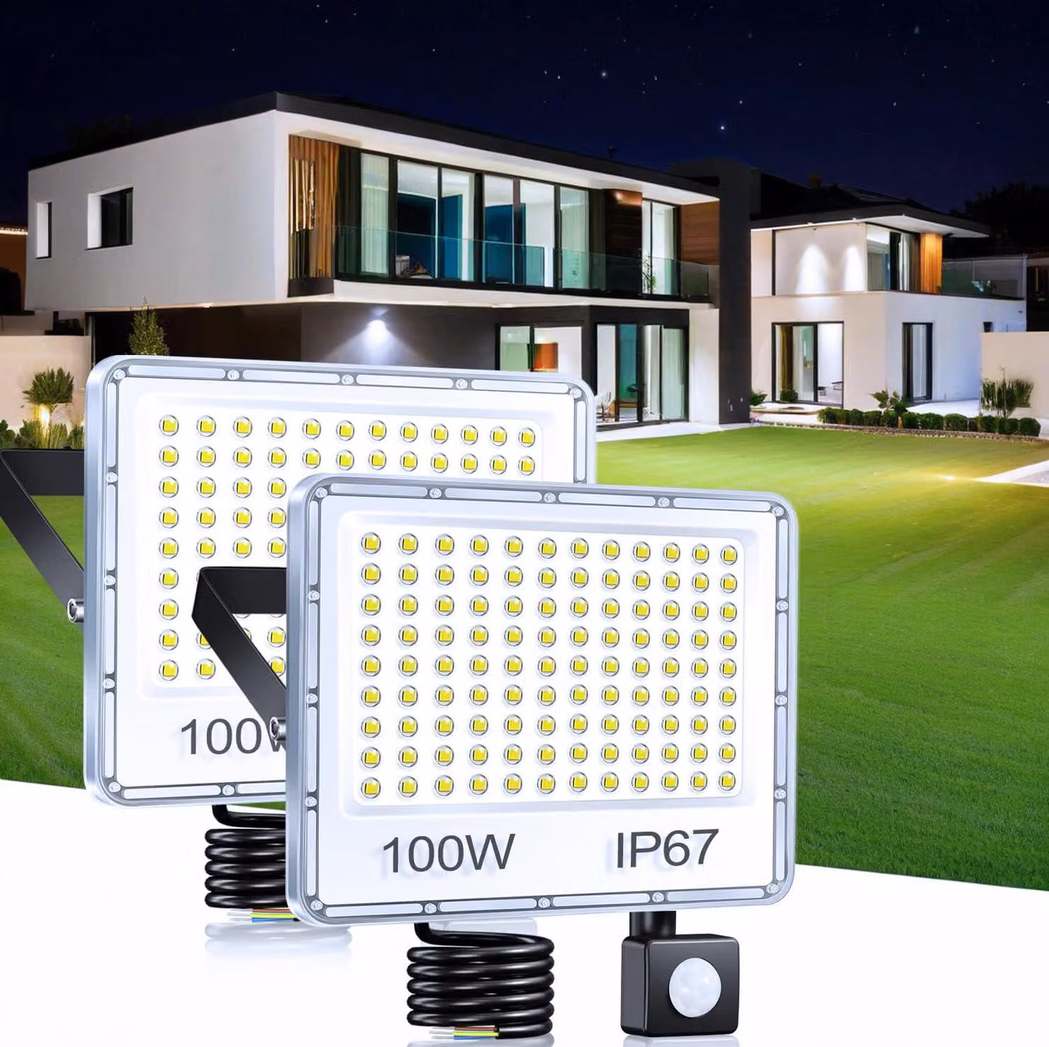 Lampada a LED con sensore di movimento, 100 W, confezione da 2, 10.000 lumen, grado di protezione IP67