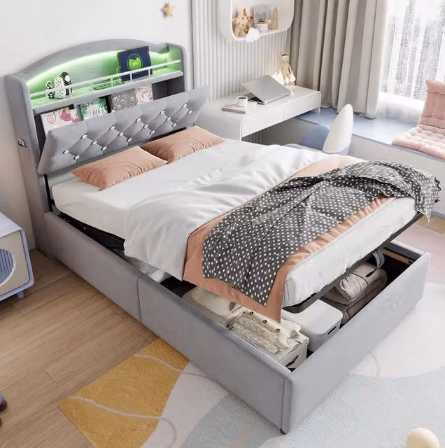 Letto contenitore 90x200 cm in velluto grigio con LED; USB e vano portaoggetti