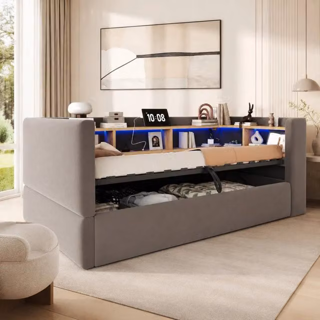 Divano letto Mivray grigio con vano contenitore idraulico, illuminazione LED e prese USB, L/P: 190 x 90 cm