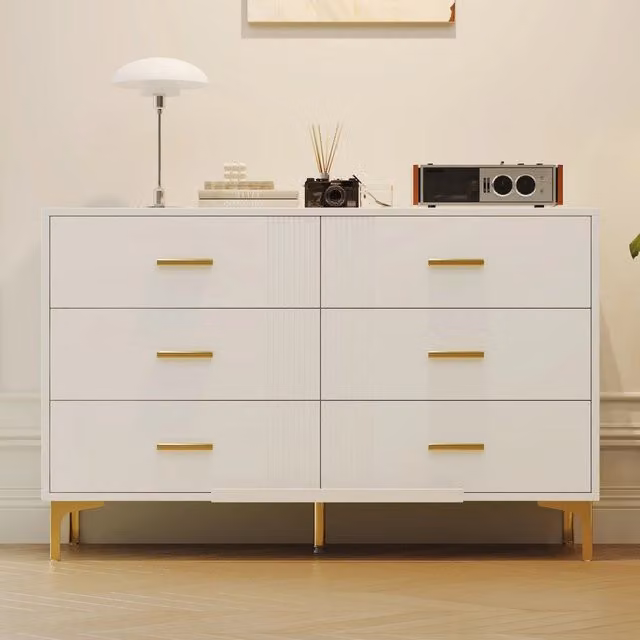 Cassettiera con 6 cassetti superficie ondulata in MDF bianco con piedini rialzati 120 × 40 × 76 cm