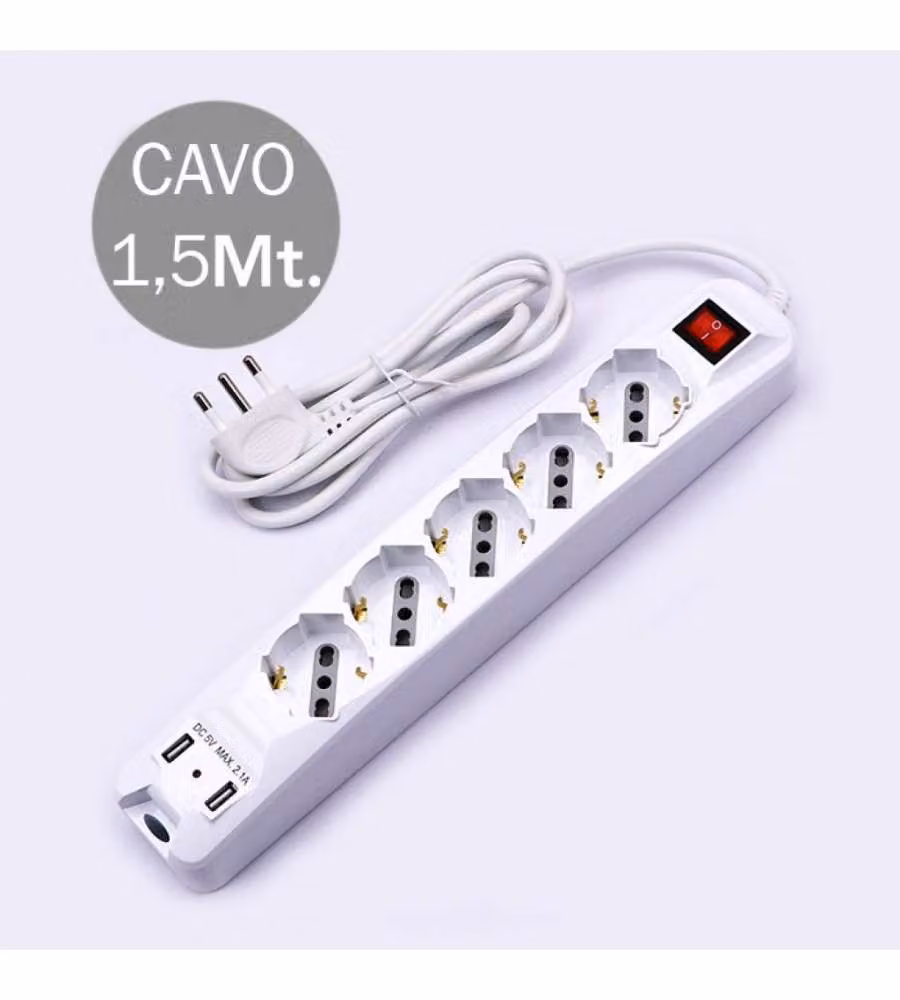 Multipresa V-TAC Bianca con 5 Prese 10/16A Schuko, 2 Porte USB e Interruttore Luminoso, Cavo 1,5 m