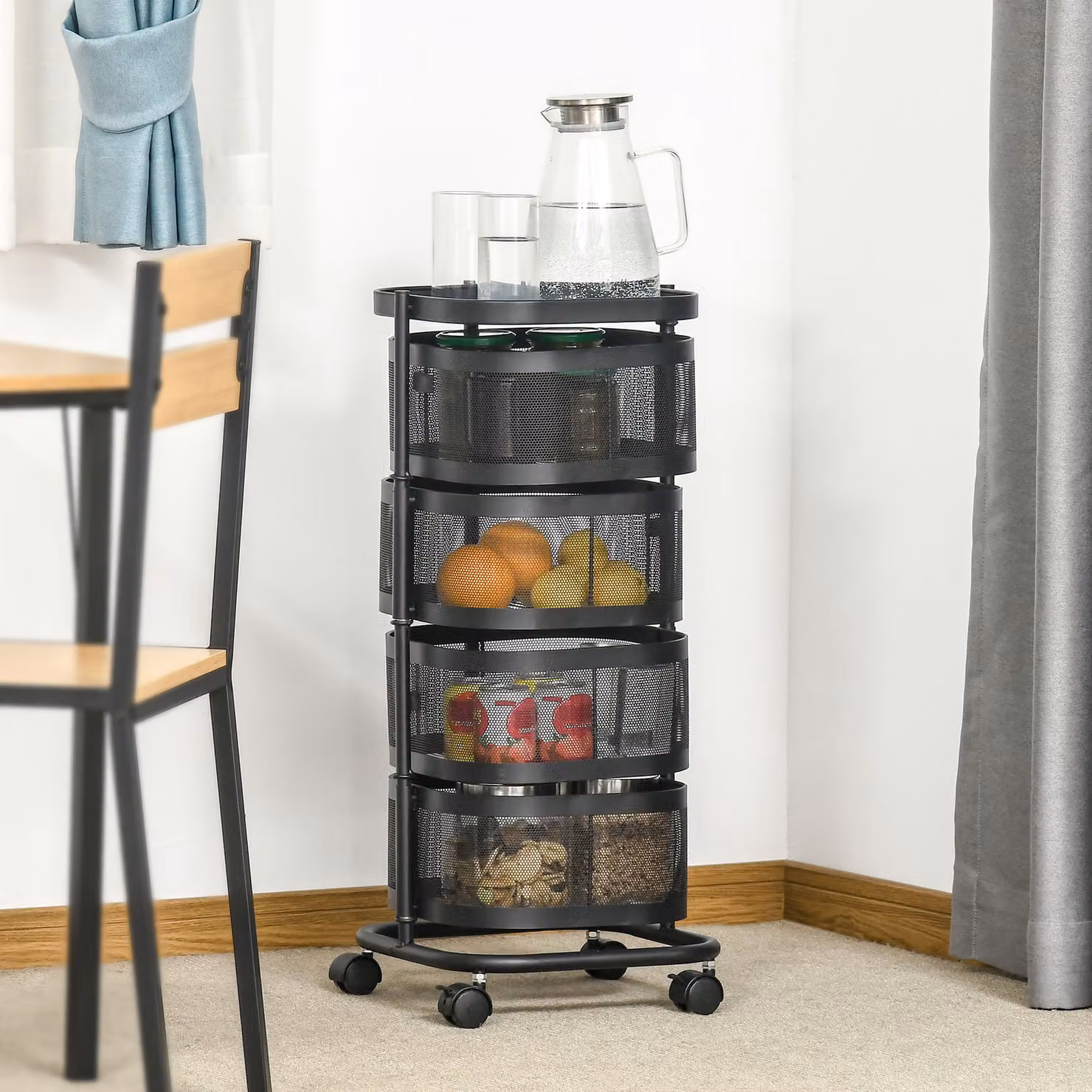 Carrello Portavivande Aosom con 4 Cestelli in Rete, Piano d'Appoggio e Ruote Girevoli, Nero, L/P/H: 33 x 33 x 77 cm – 2