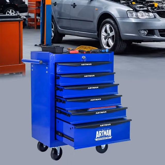 Carrello portautensili OKWISH in acciaio con 6 cassetti e serratura su ruote, nero e blu, L: 77,5 cm, P: 44,2 cm, H: 85,4 cm