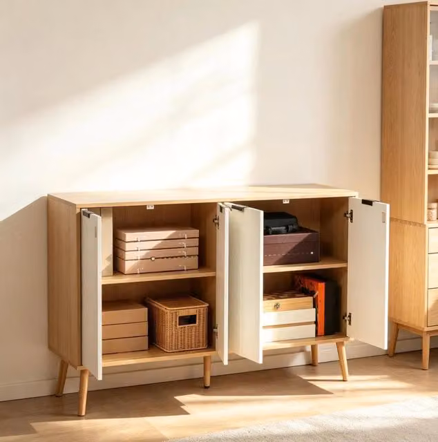 Credenza bianca 120 cm con 4 ante, ripiani regolabili e base rialzata