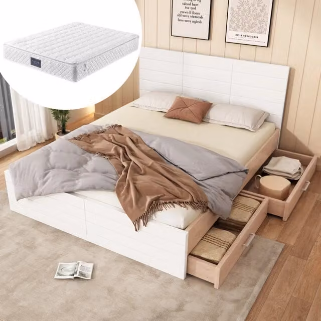 Desviae Letto matrimoniale 140 × 200 cm con materasso a molle 7 zone due cassetti rete a doghe in legno bianco e rovere