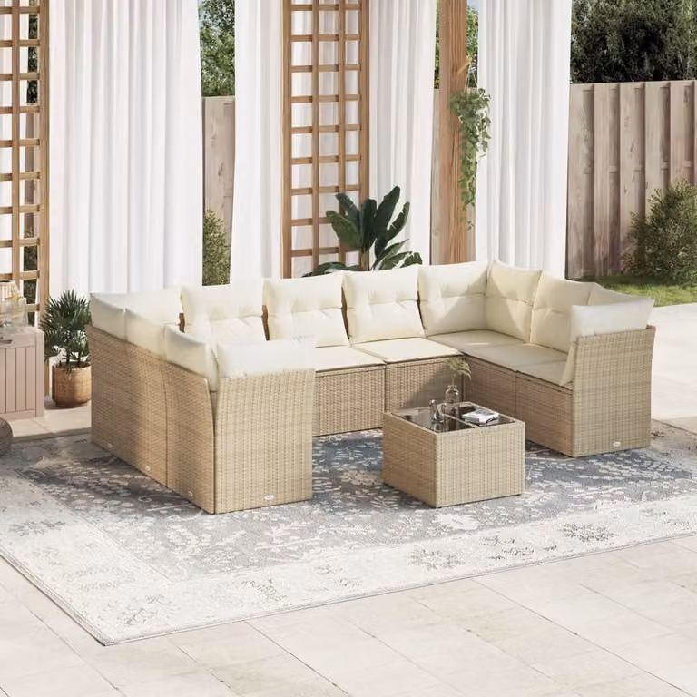 vidaXL Set Divano da Giardino 10 pz a Forma di L con Cuscini Beige e Tavolino da Esterno in Polyrattan e Acciaio