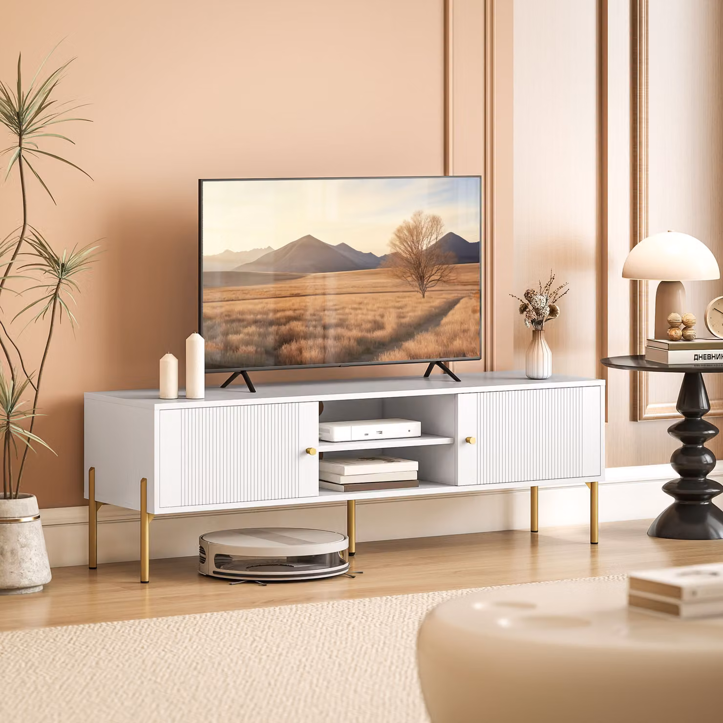 Mobile TV Moderno HOMCOM Bianco con 2 Ante, 2 Ripiani Aperti e Passacavi per TV fino a 65 pollici – 2