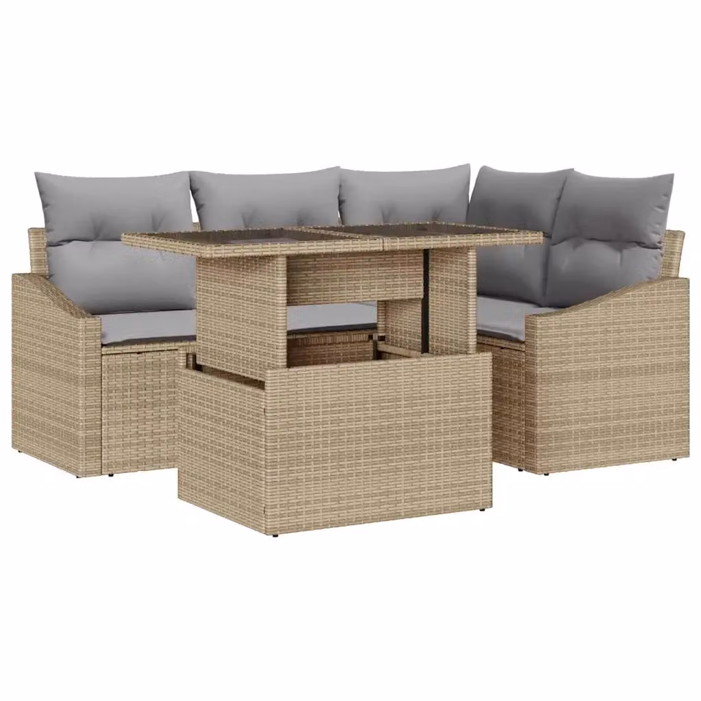 vidaXL Set Divano da Giardino a L in Polyrattan 5 Pezzi Beige e Grigio con Tavolino e Cuscini – 2