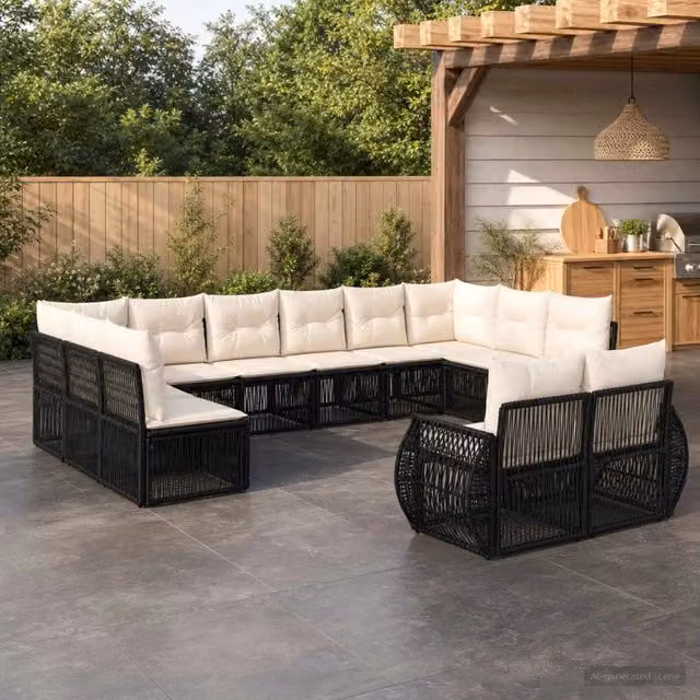 Set Divano da Giardino 12 pz Nero e Bianco Crema polyrattan 3435562