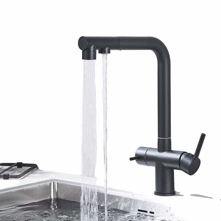 Miscelatore da cucina a due maniglie, acqua fredda e calda, bocca estraibile per acqua filtrata, nero opaco