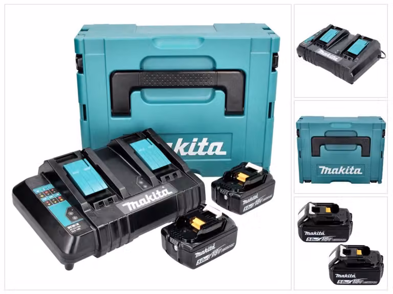 Kit di alimentazione Makita 18 V con 2x batteria BL 1850 B 5,0 Ah ( 197280-8 ) + caricabatterie doppio DC 18 SH ( 199687-4 ) + Makpac