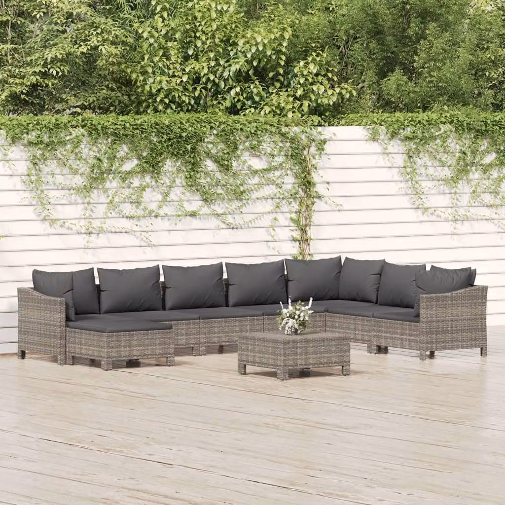 The Living Store Set da 9 pezzi per salotto da giardino con cuscini in poly rattan grigio