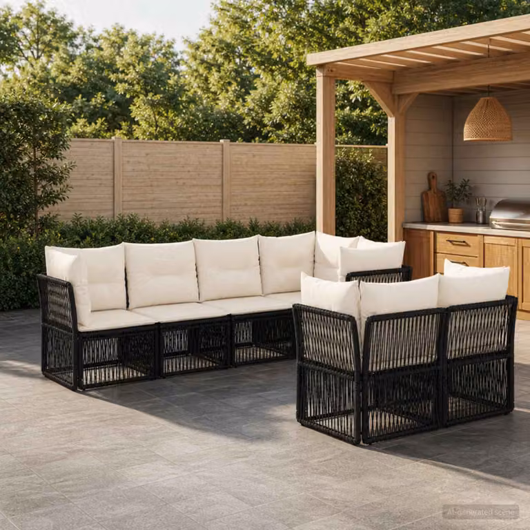 Set Divano da Giardino vidaXL a L con 7 posti, Polyrattan e Metallo, Nero