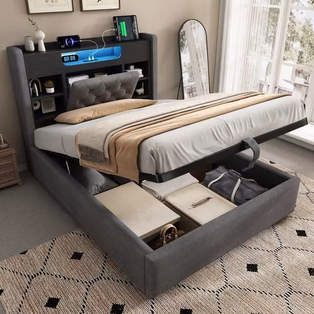 Letto Contenitore REDOM in Lino Grigio con Illuminazione LED, Porta USB e Ripiano Integrato, L/P: 90 x 200 cm