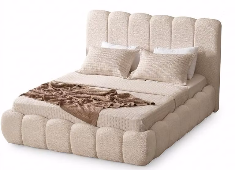 Letto matrimoniale morbido e comodo, beige, con illuminazione, moderno, nuovo